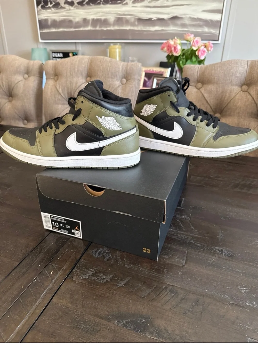 Jordan 1 Mid Black White Olive. Mens 10. pre-owned. Worn.